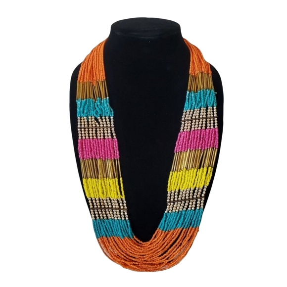 29" Vibrant Tribal Boho Multi-Strand Vibrant Color Statement Necklace - Picture 1 of 8